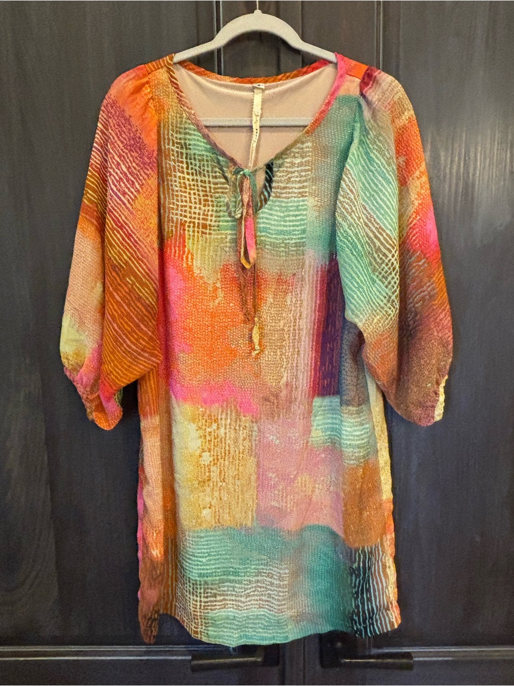 Uncle Frank Multicolor Tie-Neck Blouse in Coral, Teal & Mint
